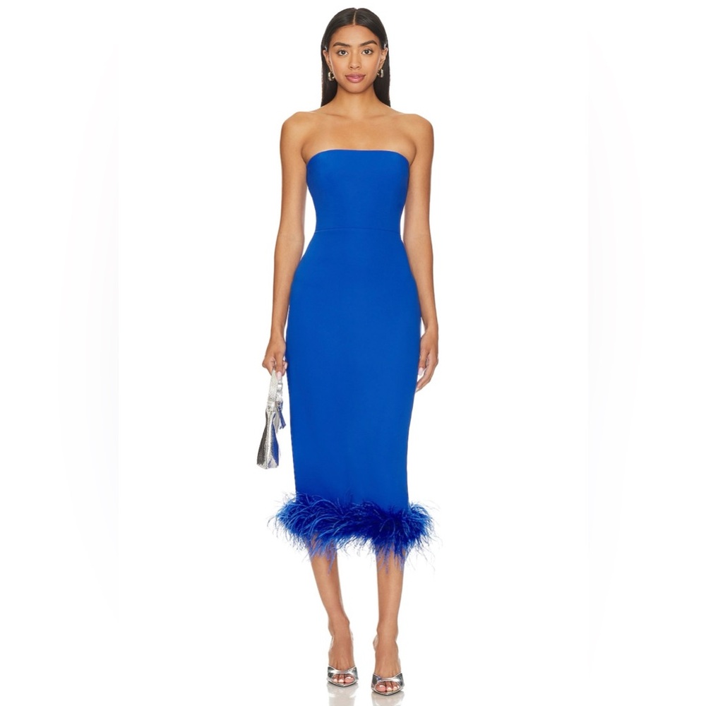 Amanda Uprichard Cobalt Blue Strapless Feather Cocktail Midi Dress L NWOT